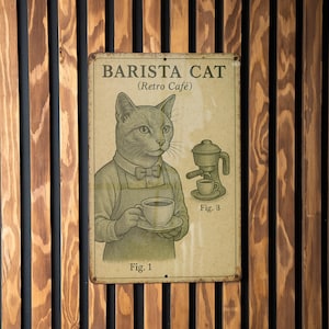 Vintage Barista Cat Tin Sign – Retro Botanical Café Art, Aged Metal Wall Decor, Sage & Ochre, Scientific Illustration Style