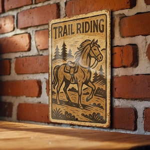 Vintage Trail Riding Horse Metal Sign – Rustic Folk Art Woodcut Style, Distressed Tin Wall Decor, Western Country Cabin Art
