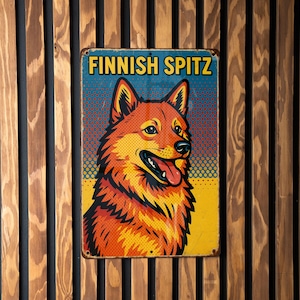 Finnish Spitz Pop Art Metal Sign – Vintage Comic Style Wall Decor, Bold Colors, Ben-Day Dots, Retro Dog Tin Sign