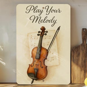 May include: A vintage-style sign with the text "Play Your Melody" printed in brown cursive font. The sign features a watercolor illustration of a violin with sheet music in the background.