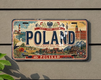 May include: A rectangular metal sign featuring the word POLAND in large blue letters, with illustrations of a lighthouse, a stork, a castle, mountains, and the text A Land of Timeless Charm and POLSKA, accented by a floral heart and eagle emblem.