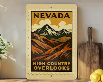 Nevada High Country Overlooks Metal Sign – Vintage Stamp Style Wall Art for Cabin, Lodge, or Rustic Home Decor