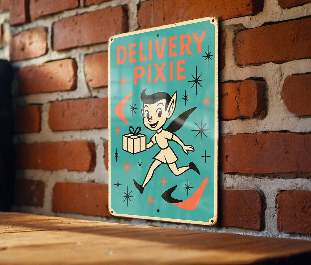 Atomic Age Delivery Pixie Tin Sign – Retro Turquoise & Coral ...