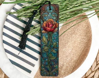Art Nouveau Rose Metal Bookmark – Stained Glass Style, Intricate Floral Illustration, Vintage-Inspired Gift for Book Lovers
