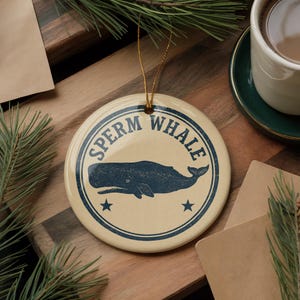 Sperm Whale Ceramic Ornament – Nautical Circular Stamp Art, Ocean Animal Holiday Decor, Coastal Marine Gift Idea