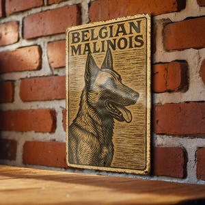 Vintage Belgian Malinois Metal Sign – Woodcut Folk Art Style, Rustic Tin Wall Decor, Distressed Dog Lover Gift