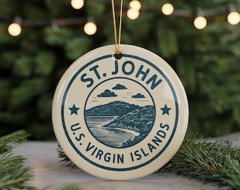 St John US Virgin Islands Ceramic Ornament – Circular Stamp Design Travel Souvenir Beach Christmas Decor