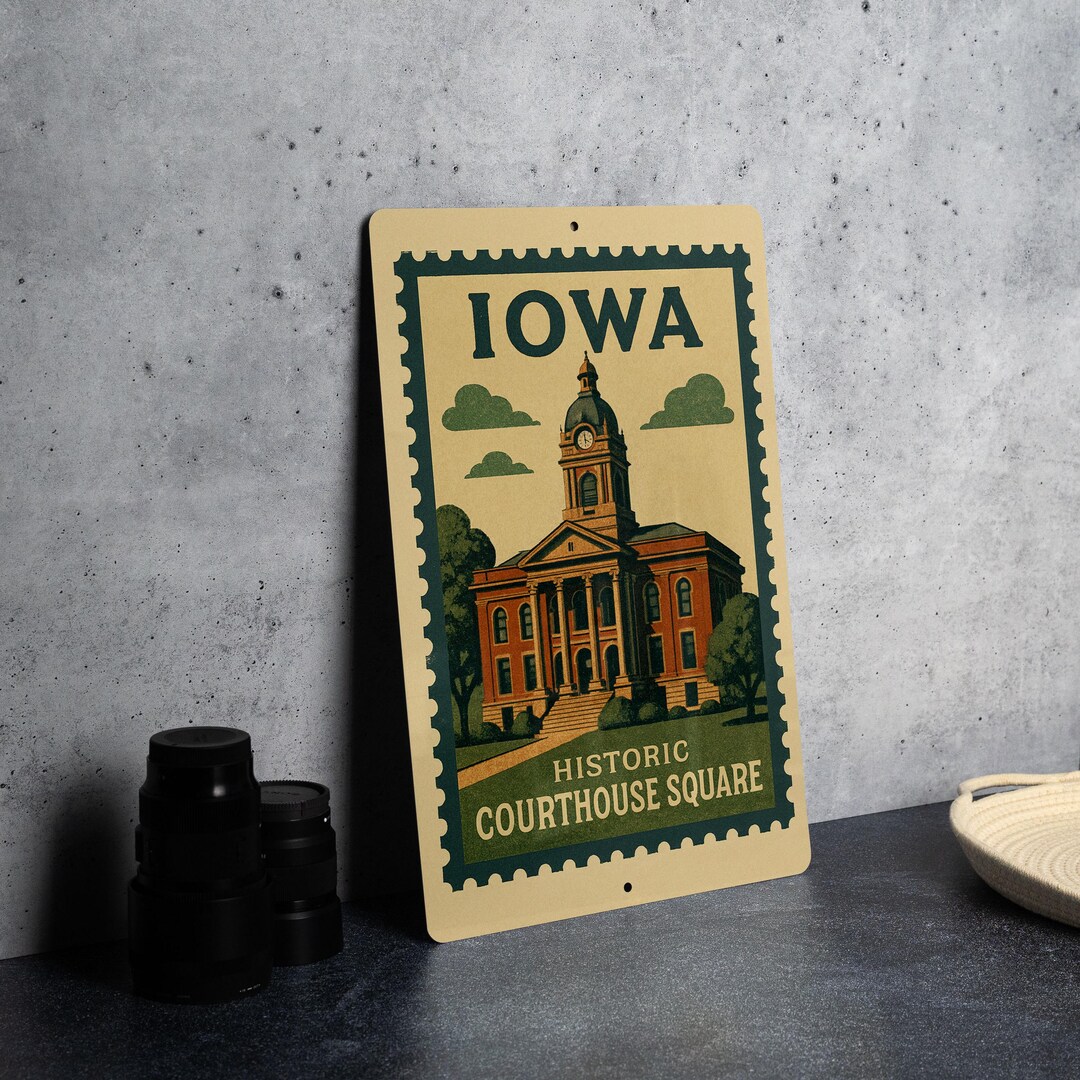 Iowa Historic Courthouse Square Metal Sign β Vintage Stamp Style Wall ...