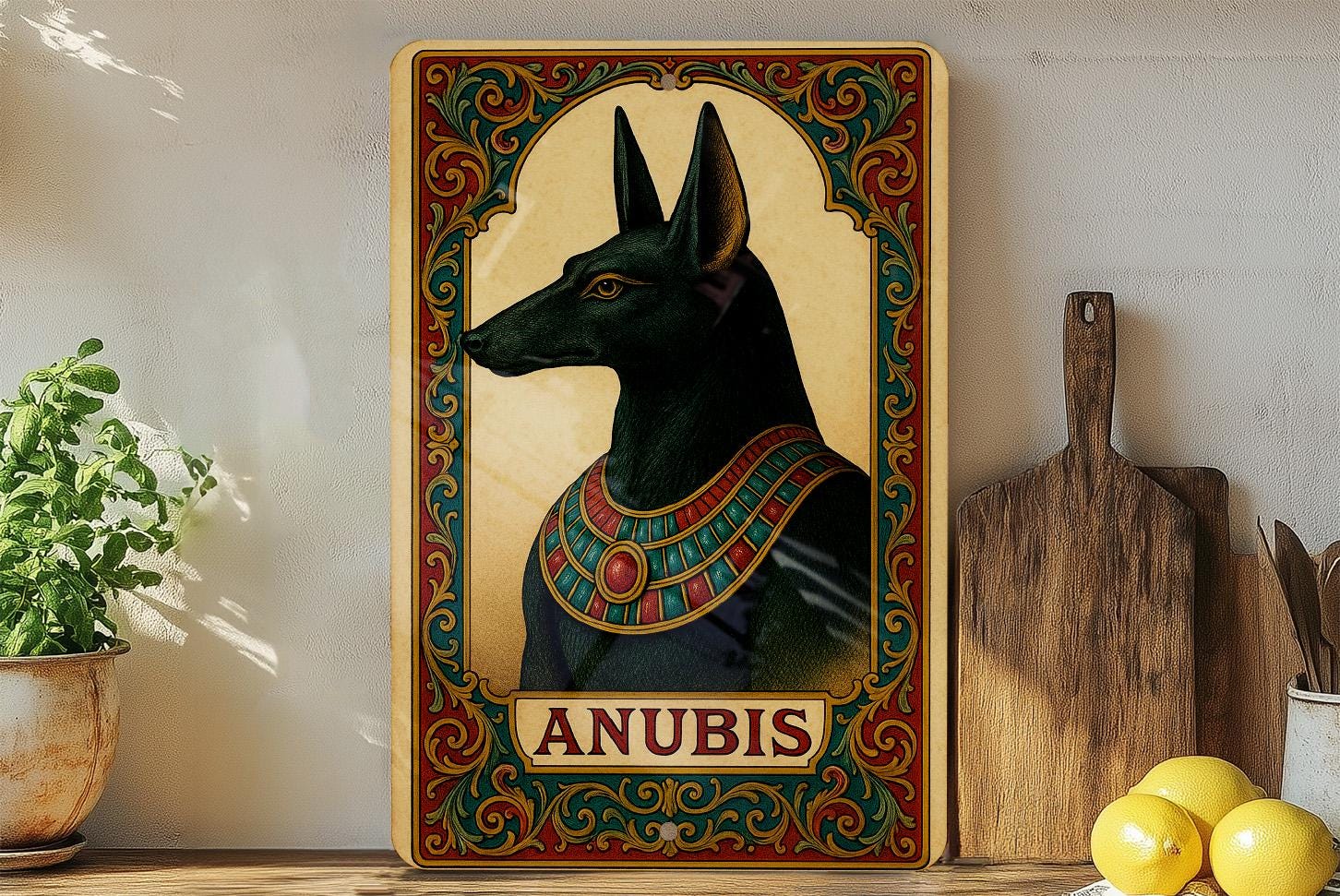 Victorian Anubis Jackal Metal Sign – Chromolithograph Style, Ornate ...