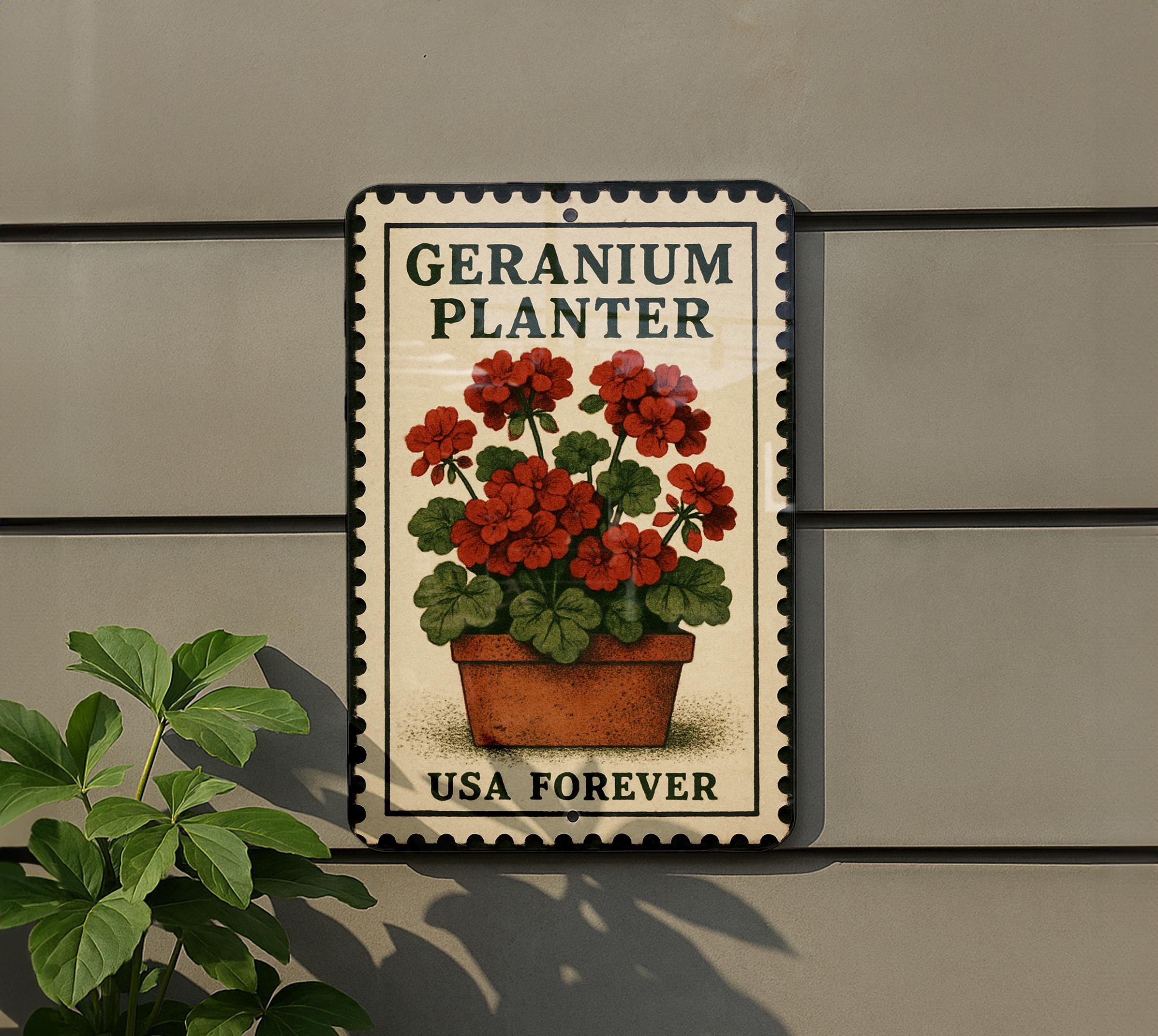 Geranium Planter Metal Sign – Vintage Stamp Style Garden Wall Art for ...