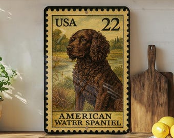 American Water Spaniel Vintage Stamp Style Metal Sign, Sporting Dog Breed Decor, Dog Lover Gift, Kennel Wall Plaque