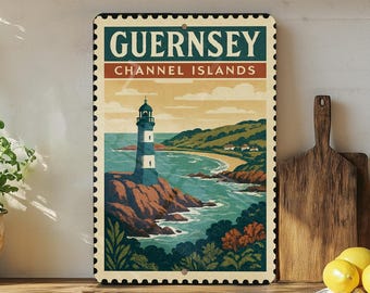 Guernsey Channel Islands Metal Sign – Vintage Stamp Style Wall Art, Retro Travel Poster Decor for Home or Office