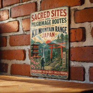 May include: Vintage metal sign featuring a scenic illustration of the Kii Mountain Range in Japan. The sign includes text that reads "Sacred Sites and Pilgrimage Routes" and "Spiritual Journey - Natural Beauty - Timeless Tradition."