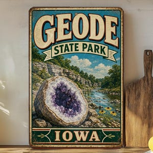 May include: Vintage metal sign for Geode State Park in Iowa. The sign features a large geode with a purple crystal interior, a river scene, and the park's name in bold letters. The sign has a distressed, aged appearance.