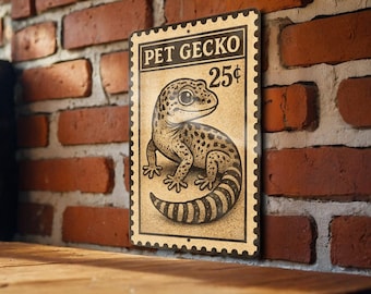 Pet Gecko Metal Sign – Vintage Stamp Style Wall Decor for Reptile Lovers, Rustic Tin Art for Lizard Enthusiasts or Terrarium Room