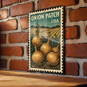 May include: A vintage-style metal sign featuring an illustration of onions in a field. The sign reads "ONION PATCH USA" in a stylized font, with a border resembling a postage stamp. The color palette includes shades of brown, green, and beige.