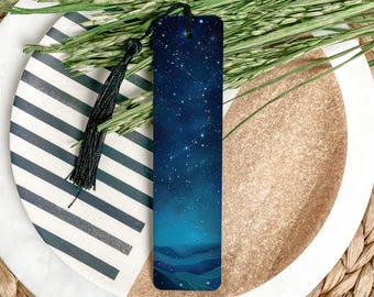 Eternal Nightfall Metal Bookmark, Stars Whisper Bookmark, Infinite Blue Design, Dreamy Wave Accents, Unique Gift