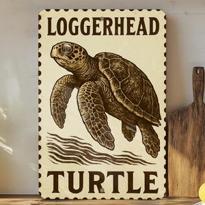 May include: A rectangular sign featuring a detailed illustration of a loggerhead turtle. The sign has a postage stamp design with the words "LOGGERHEAD" and "TURTLE" in a serif font. The turtle is brown and tan.