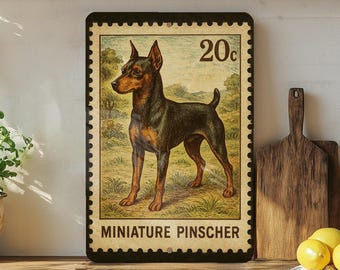 Miniature Pinscher Vintage Stamp Style Metal Sign, Min Pin Dog Decor Plaque, Canine Wall Sign for Home, Office, Pet Lover Gift