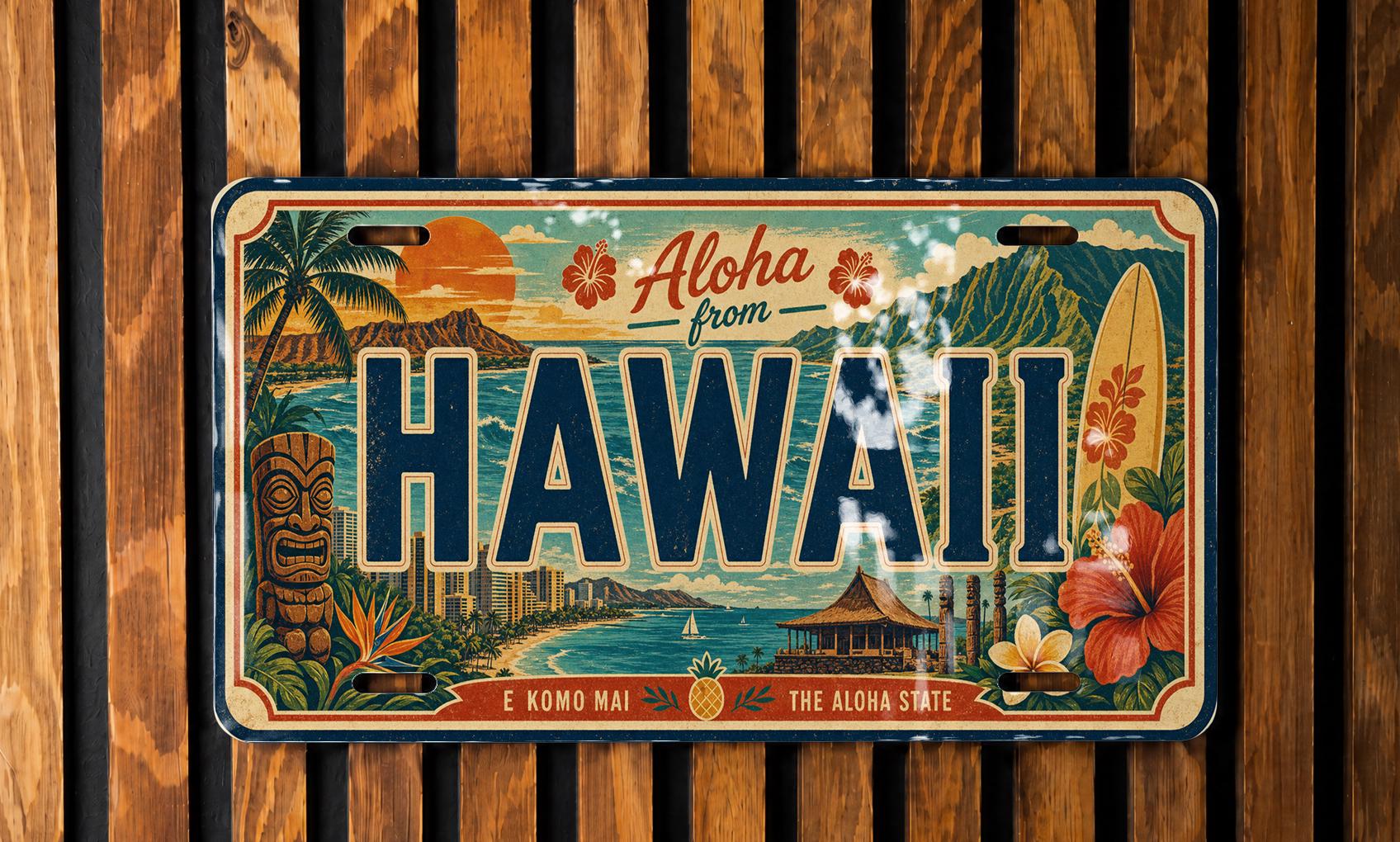 Hawaii License Plate Metal Sign, Hawaii Travel Poster Style