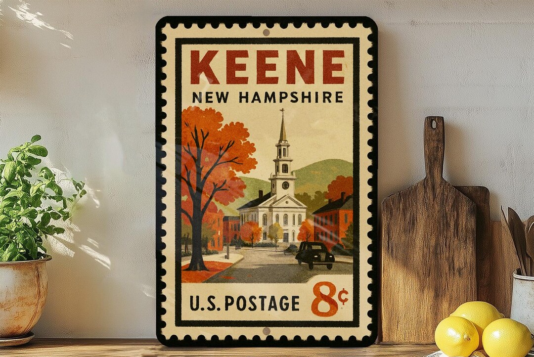 Keene New Hampshire Metal Sign – Retro Postage Stamp Design