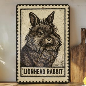 May include: A rectangular sign featuring a detailed illustration of a Lionhead rabbit. The black and white image is framed with a postage stamp design and the words "LIONHEAD RABBIT" are printed at the bottom. The sign is displayed on a wooden surface.