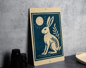 Lunar Hare Metal Sign – Rustic Moon Rabbit Wall Art, Celestial Stamp Style Decor, Mystical Bunny Silhouette Plaque
