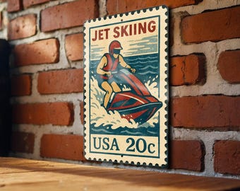 Jet Skiing Metal Sign Stamp Style Wall Art – Vintage Lake House Decor for Boaters & Water Sports Lovers