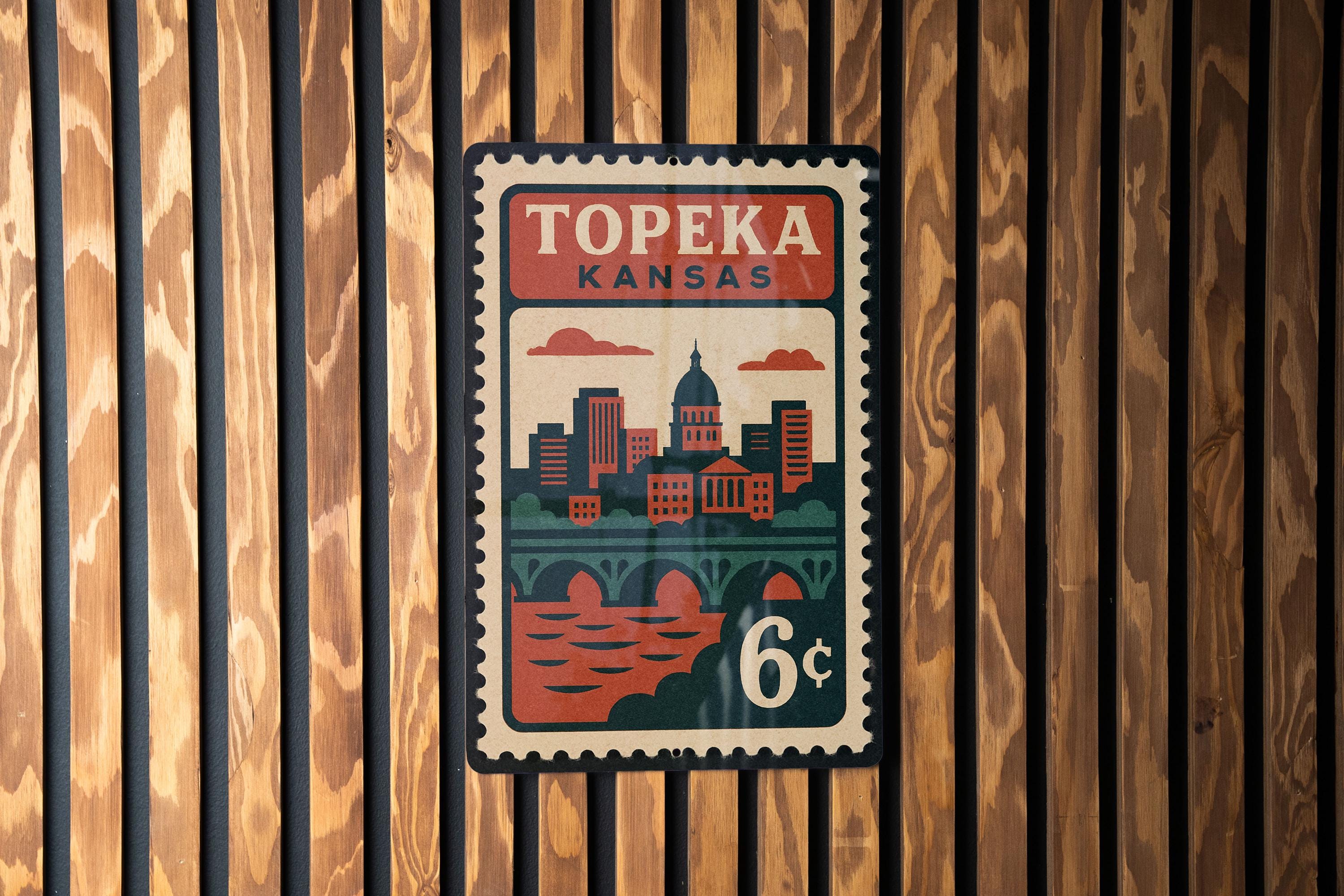 Topeka Kansas Metal Sign – Retro Postage Stamp Design Featuring City ...