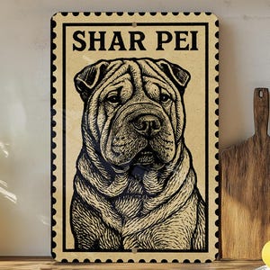 Shar Pei Dog Metal Sign – Vintage Stamp Style Wall Art, Vertical 23&quot; Tin Decor for Dog Lovers, Rustic Home or Kennel Decor
