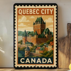 Quebec City Canada Metal Sign – Vintage Stamp Style Wall Art Décor, Rustic Travel Souvenir, Historic Cityscape Plaque