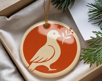Dove with Olive Branch Ceramic Ornament – Peace Symbol Holiday Decoration – Inspirational Dove Hanging Keepsake Gift