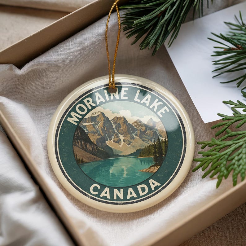 Moraine Lake Canada Ceramic Ornament – Circular Stamp Style Art, Mountain Souvenir Gift, Nature Travel Keepsake Decor