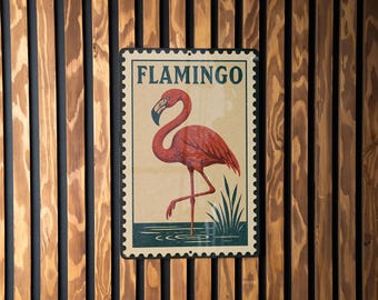 Flamingo Metal Sign  – Vintage Stamp Style Wall Art for Home, Patio, Garden, or Beach House Décor
