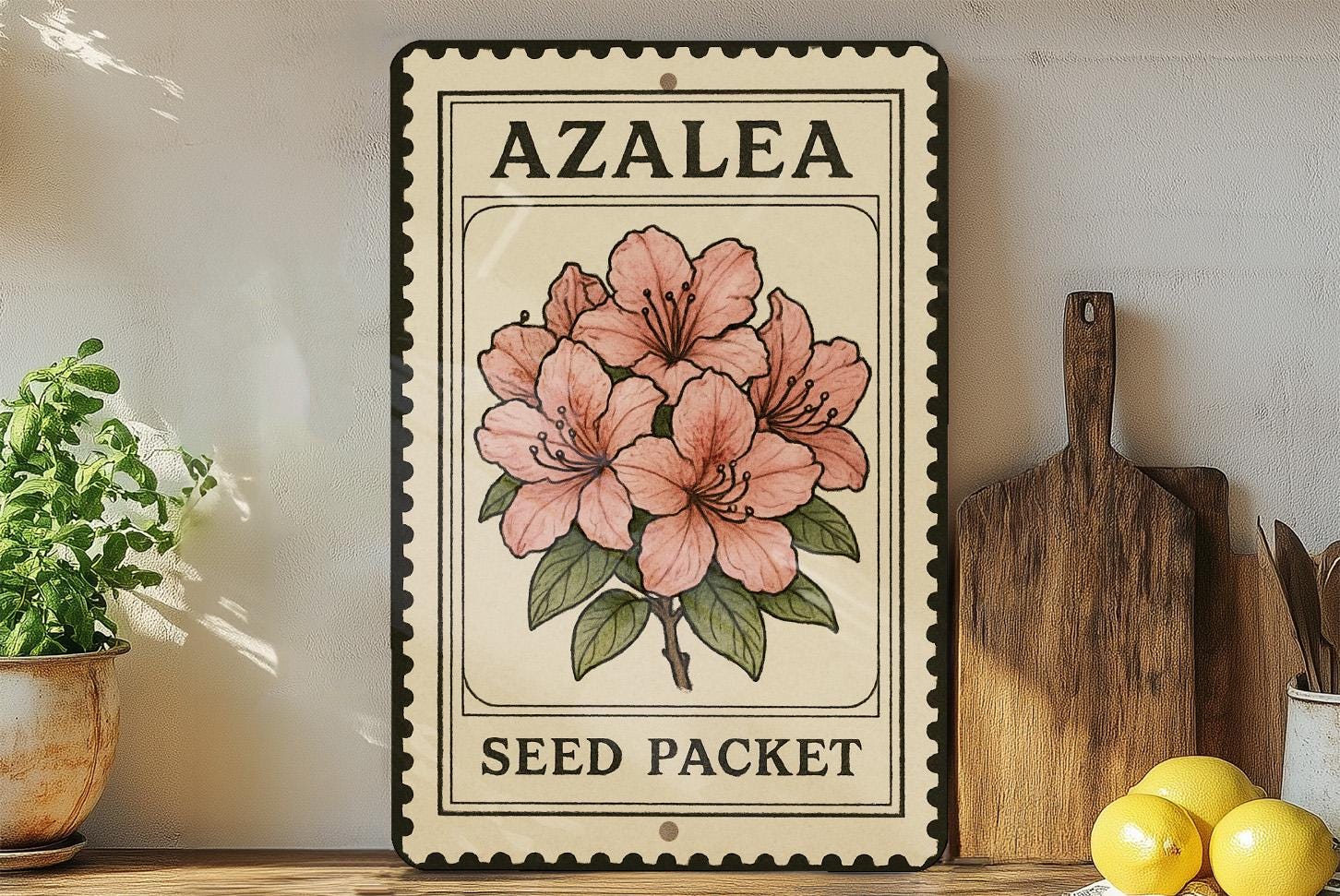 Azalea Flower Cluster Metal Sign – Vintage Stamp Style Wall Art