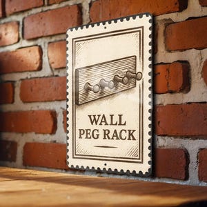 May include: A rectangular wall peg rack sign with a vintage design. The sign features a drawing of a wooden peg rack with four pegs. The words "WALL PEG RACK" are printed below the drawing. The sign has a cream-colored background and a decorative border.