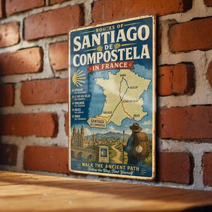 May include: Vintage metal sign featuring a map of France with routes to Santiago de Compostela. The sign is blue, beige, and red, with text that reads "Routes of Santiago de Compostela in France." A person with a backpack is shown walking the path.