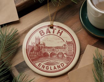 Bath England Ceramic Ornament – Vintage Circular Stamp Style Travel Souvenir, UK City Keepsake Christmas Decor