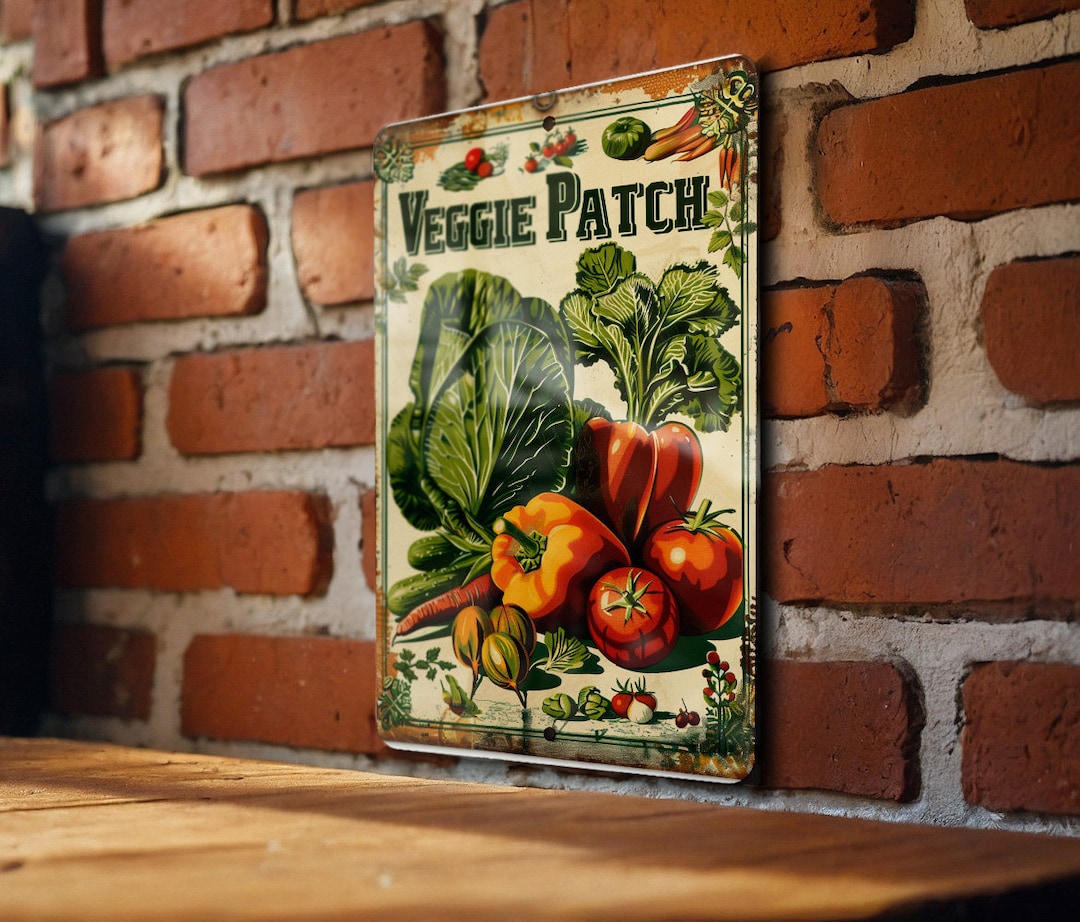 VEGGIE PATCH Vintage Metal Sign, Vegetable Garden, Rustic Font, Natural ...