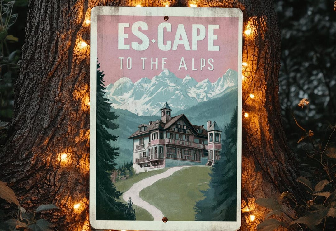 Pastel Alpine Retreat Metal Sign, Vintage Mountain Decor, Pink Sky Wall ...