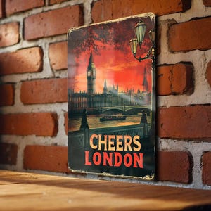 Póster vintage de viaje a Londres, letrero metálico "Saludos desde Londres", arte mural retro, decoración británica, decoración única para el hogar
