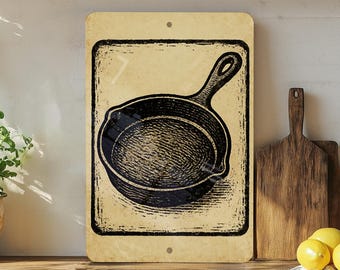 Cast Iron Skillet Metal Sign – Rustic Kitchen Wall Decor, Vintage Cooking Stamp Art, Farmhouse Style Gift for Chefs