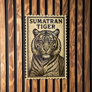 Sumatran Tiger Stamp Style Art Metal Sign – Wall Decor for Wildlife Lovers, Rustic Jungle Home Accent
