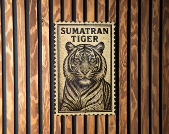 Sumatran Tiger Stamp Style Art Metal Sign – Wall Decor for Wildlife Lovers, Rustic Jungle Home Accent