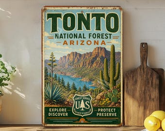 Tonto National Forest Arizona Vintage Style Metal Sign, Desert Mountain Outdoor Recreation Cabin Lodge Wall Decor