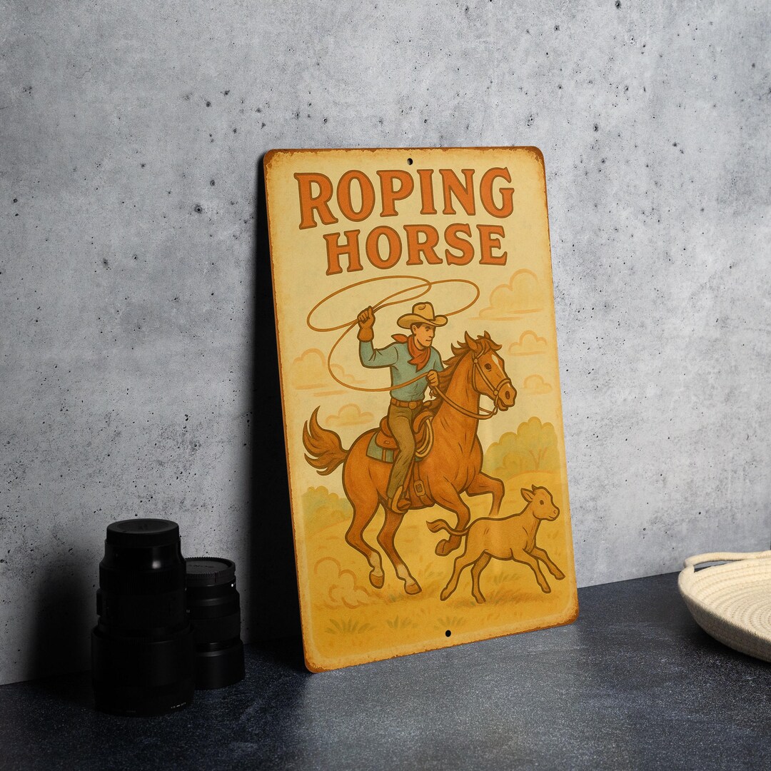 1950s Storybook Roping Horse Tin Sign – Vintage Western Pastel Metal ...