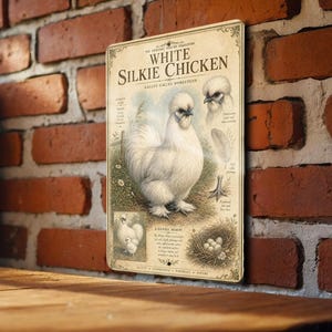 May include: A vintage-style metal sign featuring a detailed illustration of a White Silkie Chicken. The sign includes the text "White Silkie Chicken" and additional text describing the breed. The sign is mounted on a brick wall.