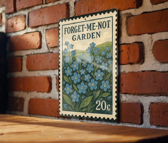 Forget-me-not Garden Metal Sign – Vintage Stamp Style Wall Art