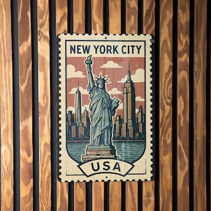 New York City Stamp Style Metal Sign – Vintage NYC Wall Art, USA Travel Decor, Retro Tin Sign for Home or Office