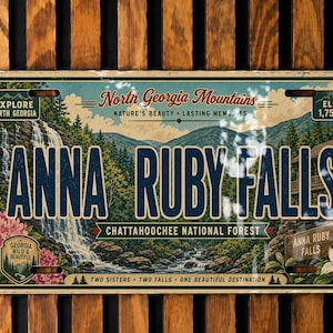 May include: A rectangular metal license plate featuring a scenic illustration of Anna Ruby Falls in the North Georgia Mountains. The design includes a waterfall, forest, cabin, and text reading Explore North Georgia, Elev. 1,750 Ft, and Two Sisters, Two Falls, One Beautiful Destination.